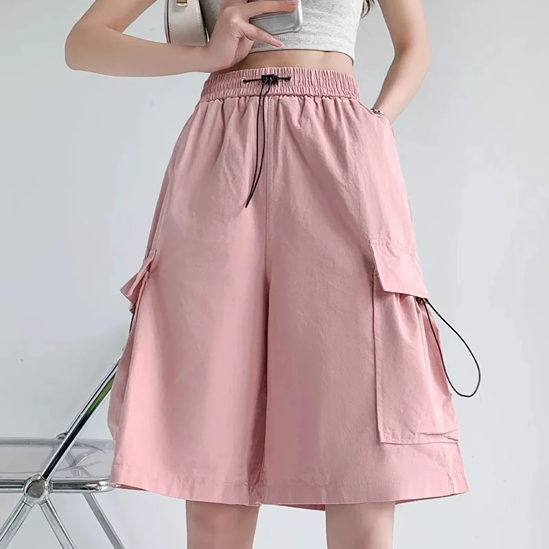 Women's Cargo Shorts Summer 2023 New Casual Big Pocket Baggy Elastic Waist Half Pants Fashion Streetwear Plus Size Clothing