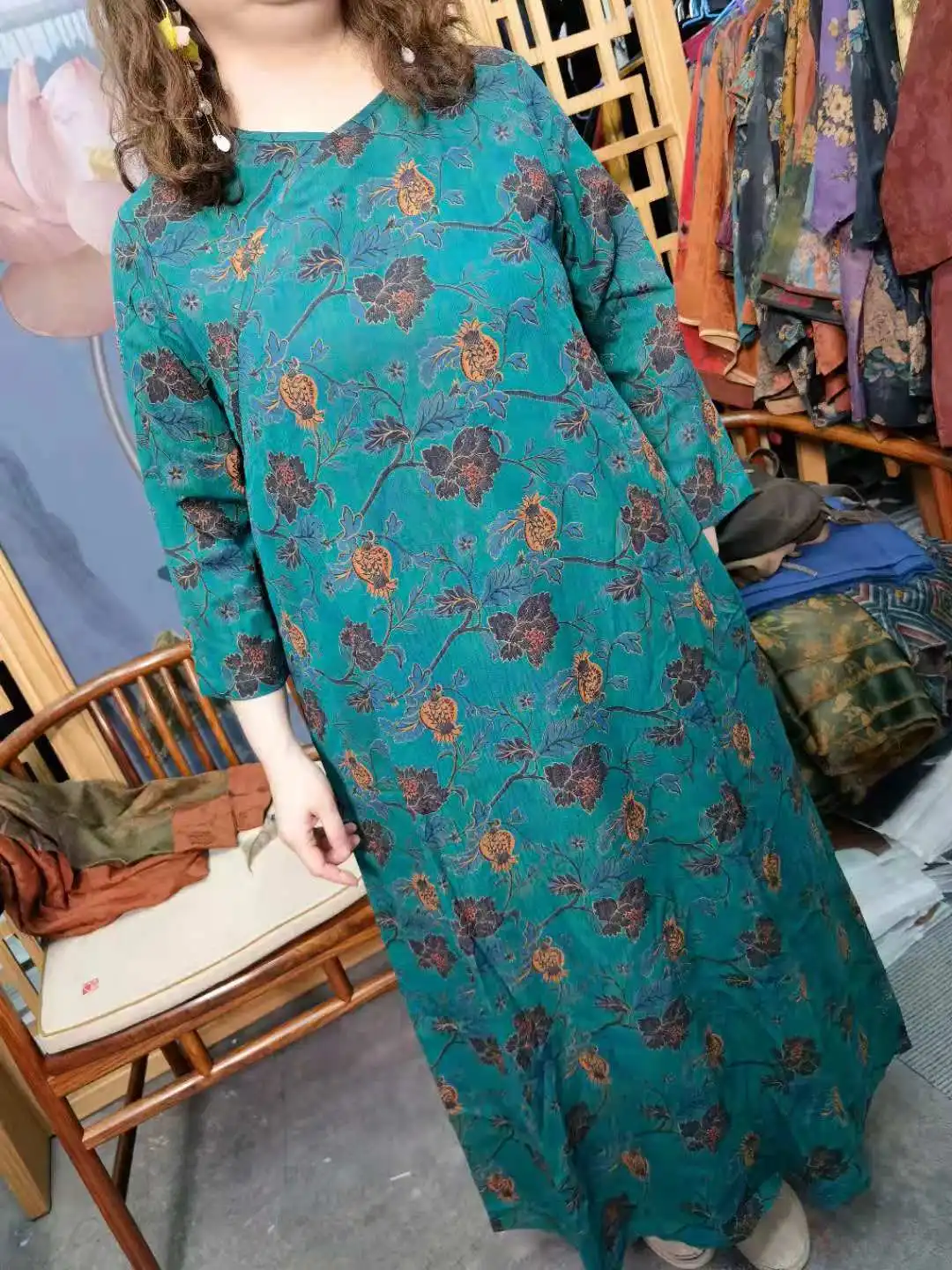 

women dresses Original design silk mulberry silk fragrant cloud yarn round neck button long loose retro woman female lady dress