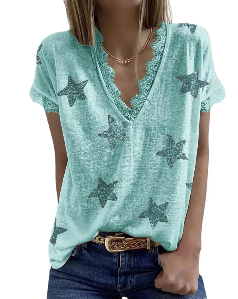 

2022 summer new T-shirt women V-neck printed casual loose T-shirt top A2746