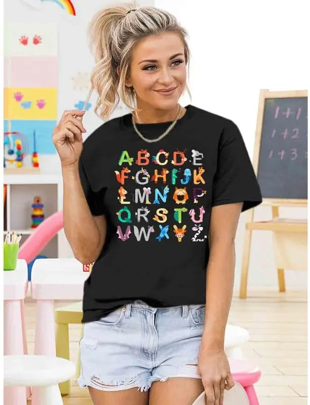 Women Teacher Shirts Teaching Tshirts Funny ABC Animals Alphabet Graphic Tee Cute Kindergarten Teachers Gift T Shirt
