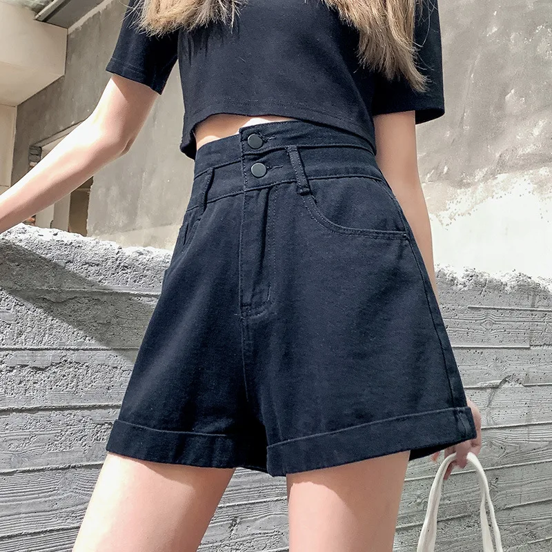 2021 Summer Woman High Waist Denim Shorts Loose A-line Wide-leg Jeans Female Solid Fashion Casual Shorts with Buttons Streetwear