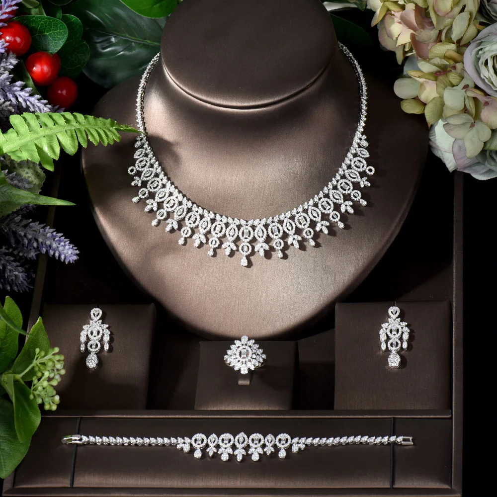 

Fashion New Trendy Water Drop 4pcs Necklace and Earring Sets for Women Bridal Wedding Party CZ African Dubai Jewelry N-1001