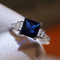 blue square cut four claws women ring vintage design gracious lady luxury inlaid zircon female jewelry wedding hot rings
