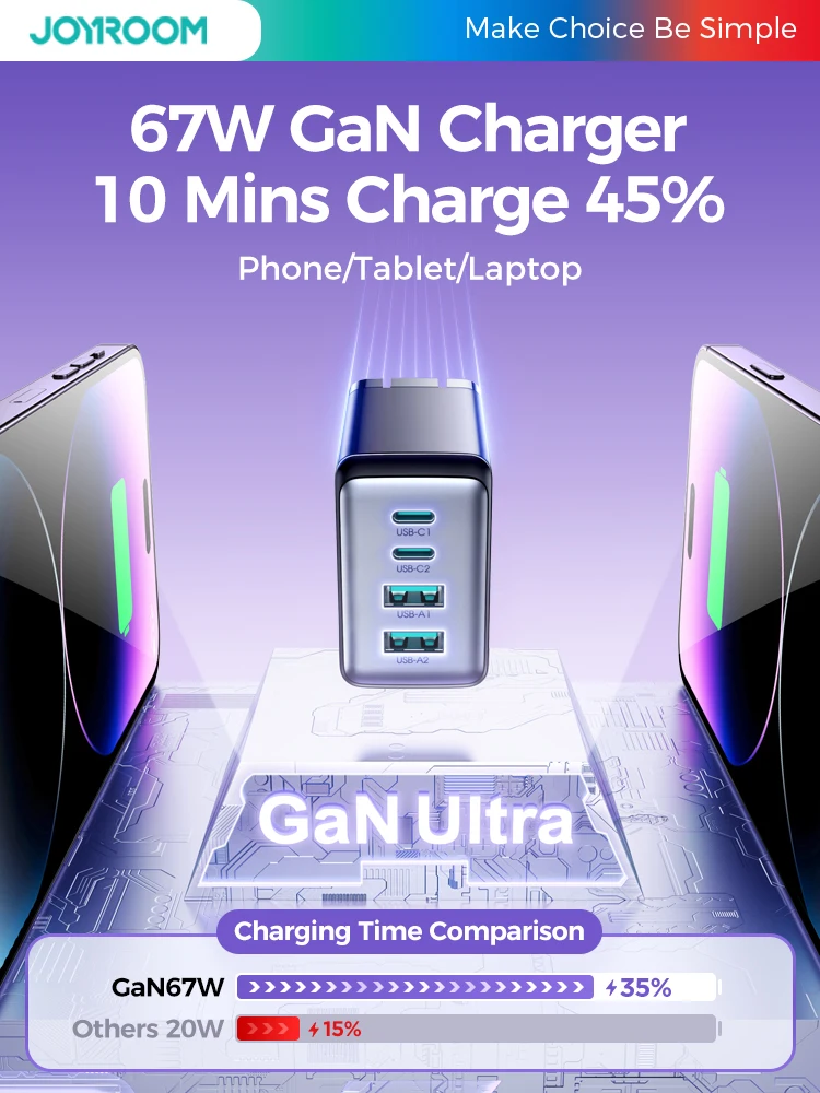 Joyroom 67W GaN USB Charge EU/US/UK Plug Quick Charger For iPhone 14 13 Pro Macbook Type C Fast Charge 3.0 Mobile Portable 2023