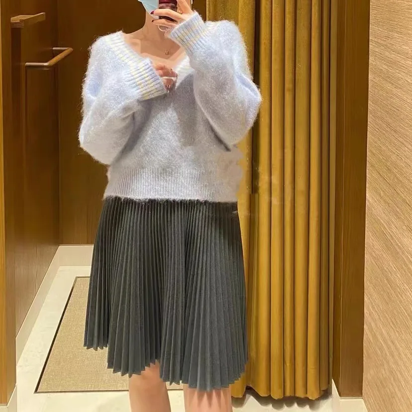 

Women Sweater Blue Striped V-Neck Jumper 2022 Fall Winter New Knitted Pullover