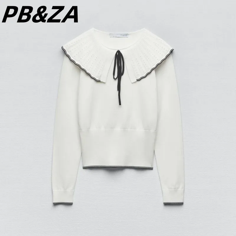 

PB&ZA 2023 New Women's Clothing White Slim Fit All-match Lapel Tie Bowknot Hollow Knitted Sweater Women 4938003 250