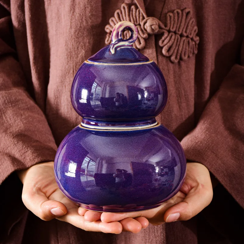 

Creative Purple Gourd Ceramic Jar Sealed Tea Candy Coffee Jar Porcelain Crafts Storage Container Living Room Desktop Decoration