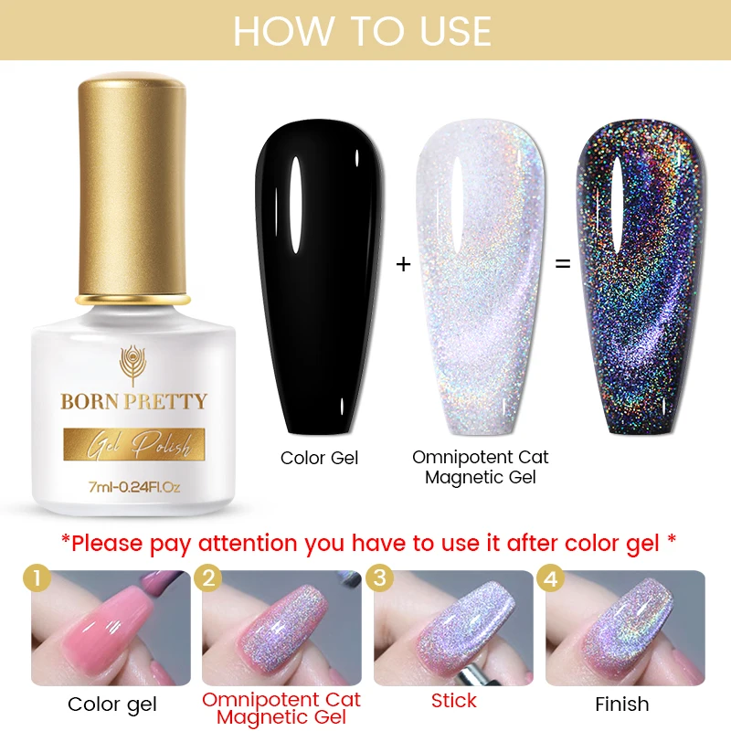 BORN PRETTY 7 мл Радужный голографический кошачий магнитный гель серебристо-черный