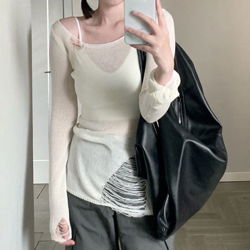 Harajuku гранж вязаные топы рваные с открытыми плечами футболки винтажный пуловер