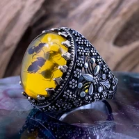 retro oval ring mens agate stone ring mens punk style hollow pattern inlaid yellow zircon ant ring fashion men and women ring