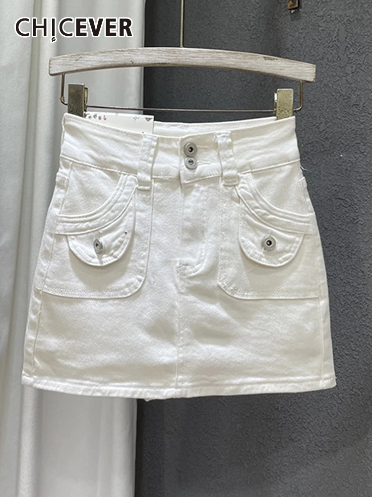 

CHICEVER Slimming Short Skirts High Waist Patchwork Pockets Solid Folds Spliced Button Bodycon A Line Mini Skirt Female Summer