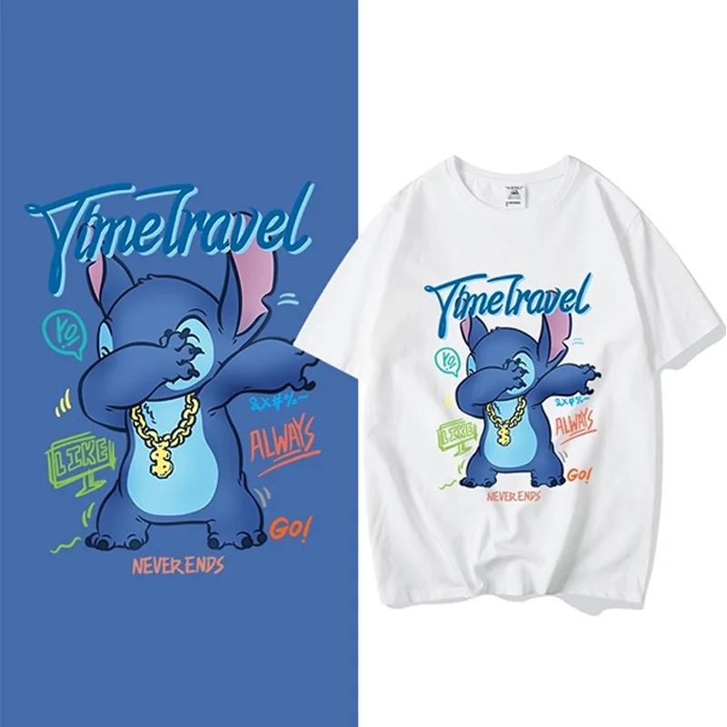 

Disney's New Teenage T-shirt Stitch Print Short-sleeved Men's Summer Thin White Top Short Sleeve Shirt Women Ladies Tops