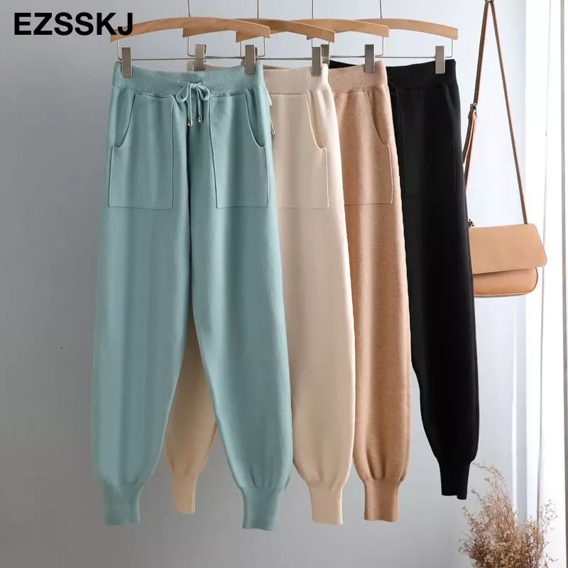 

loose Women Elastic Waist Drawstring Trousers Thick Knitted Harem Pants Autumn Winter Sport pants sweater Knitted Carrot pants