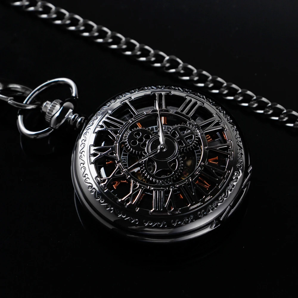New Black Text Sculpture Mechanical Pocket Watch with Fob Chain Roman Digital Dial Fashion Pocket Watch Men's and Women's Gift