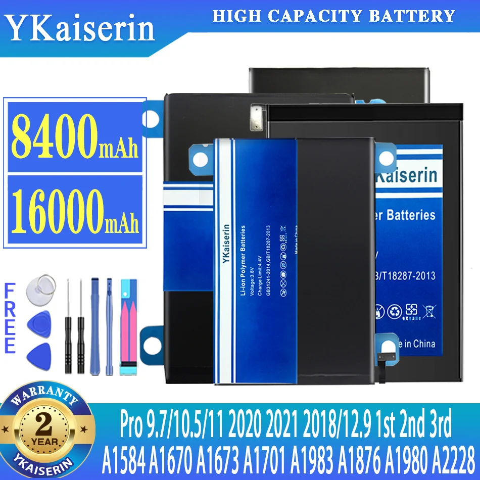 

YKaiserin Battery For ipad Pro 9.7 10.5 11 2020 2021 2018 12.9 1st 2nd 3rd A2228 A1980 A1673 A1584 A1670 A1701 A1709 A1983 A1876