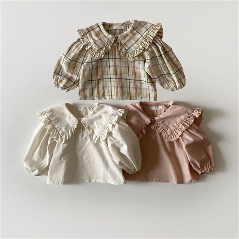 Spring New Girls Large Lapel Shirts Children Long Sleeve Shirts Cute Sweet Loose Blouse Baby Girls Cotton Bottoming Tops