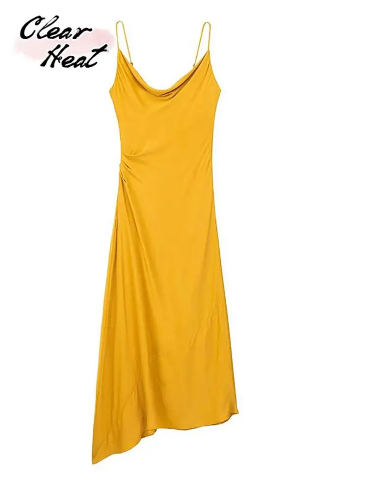 Женское платье на бретелях-спагетти, желтое асимметричное платье без рукавов, с открытой спиной и воротником-качели, летнее модное платье для ночного клуба