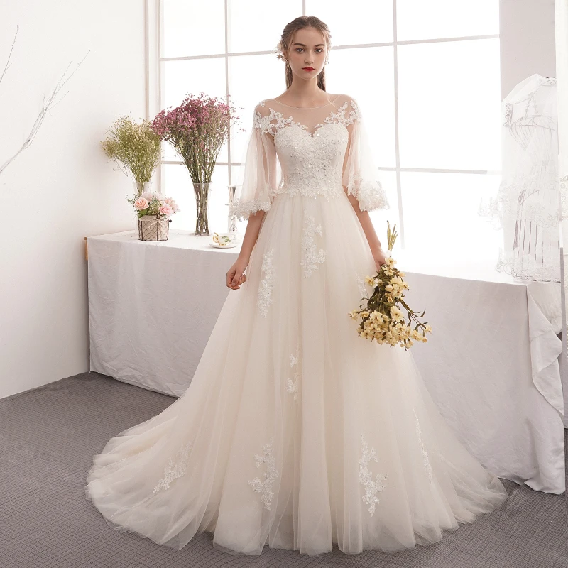 

Wedding Dresses Elegant O-Neck Embroidery Floor-length Half Sleeve Plus size Pregnant Women 2022 Classic Party Formal Dress b062