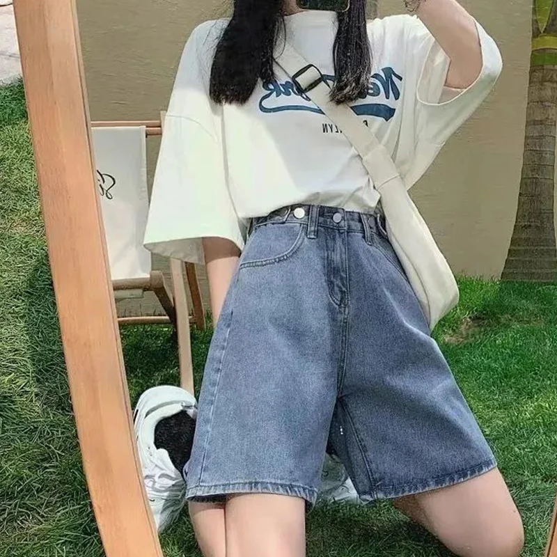 

Однотонные джинсовые шорты Y2k в стиле ретро с высокой талией, женские прямые свободные модные пятиконечные брюки с широкими штанинами в студенческом стиле, лето 2022