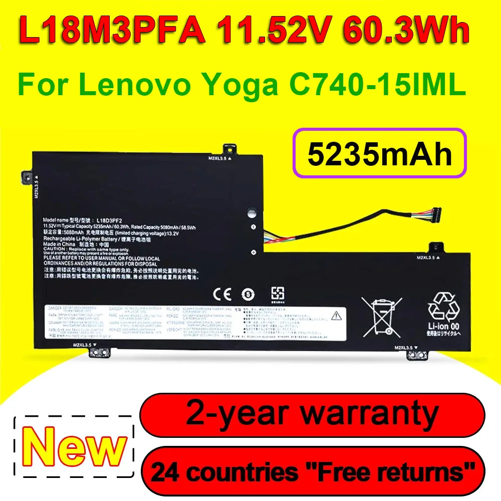 Аккумулятор L18M3PFA для ноутбука Lenovo Yoga C740-15IML 81TD L18D3PF2 5B10W67402 5B10T83740 5B10T83739 11 52 V 60.3Wh 5235mAh