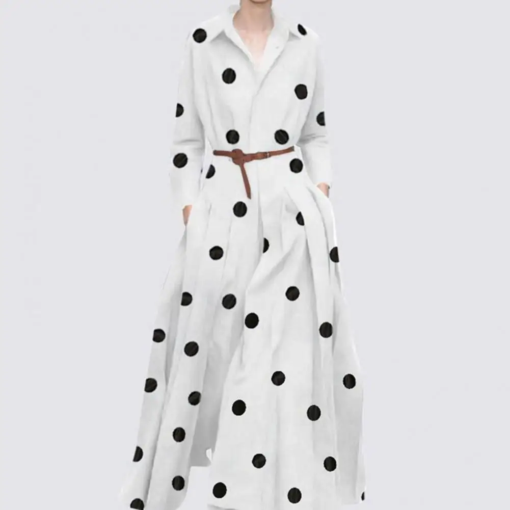 

Elegant Dot Print Dress Chic Women's A-line Maxi Dress Stylish Lapel Shirt Dress with Dot Print High Waist for Spring/autumn