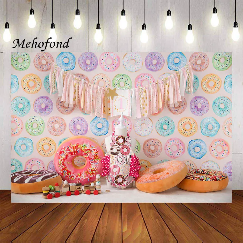 

Mehofond Photography Background Donut Grow Up Sweet Dessert Girls 1st Birthday Party Cake Smash Decoration Backdrop Photo Studio