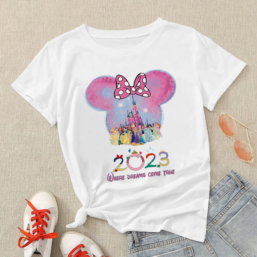 

Disney Minnie Mouse Princesses Women's T-shirt 2023 Fashion Sweet Style Cute Girl Clothes Summer Casual Vacation Female T Shirt