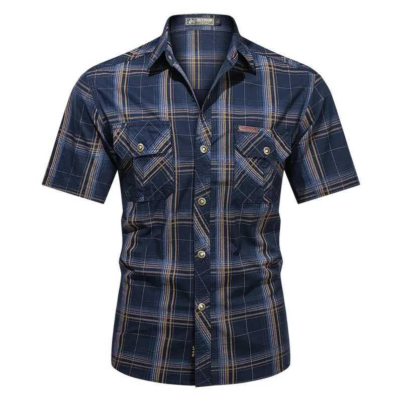 

Large Size Men's Cargo Shirts Summer Short Sleeved Shirt Single Breasted Cotton Plaid Shirts Male Smart Casual Retro Shirt