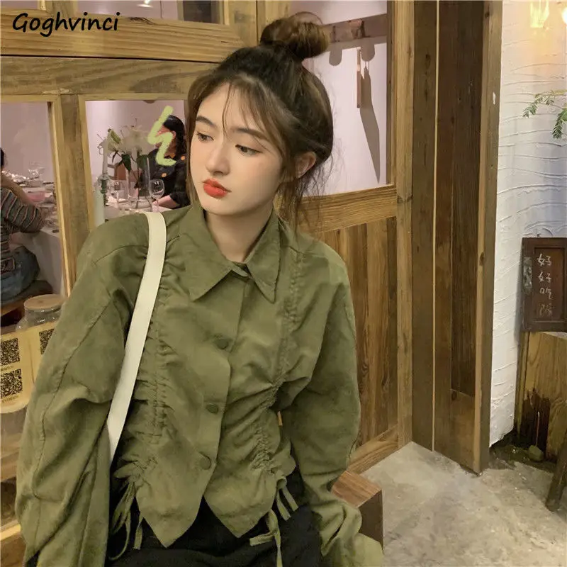 

Army Green Cropped Jackets Women Autumn All-match Chic Retro Streetwear Loose Casual Thin BF Ulzzang Preppy Style Young Girl Ins