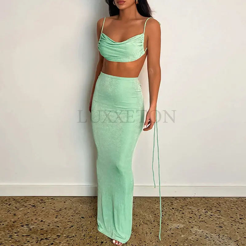 

Sexy Backless Two Piece Set For Women Outfits Summer New Lace-up Crop Top And Long Skirt Matching Sets Female Dress