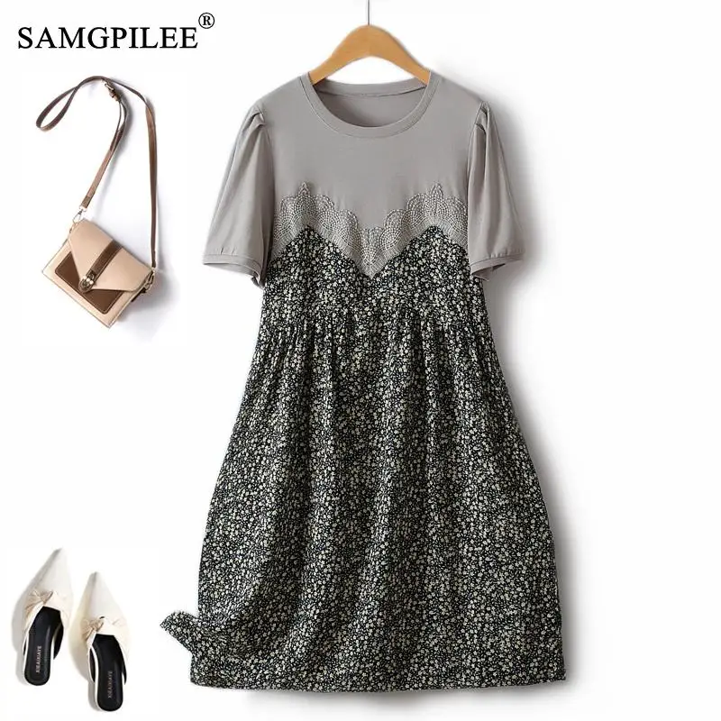 2023 Summer European Loose Floral Female Dress Fake Two Pieces Pleated Lace Stitching Chiffon Elegant And Pretty Women's Dresses