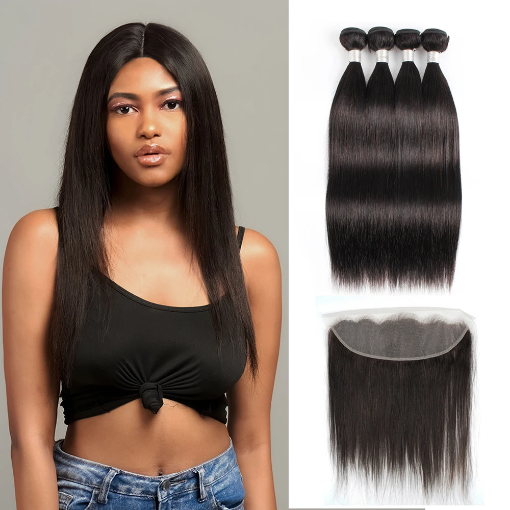 Straight Bundles with Frontal Transparent 13x4 Lace Pre-plucked Natural Black 10-30 inch Brazilian Remy Human Hair MOGUL HAIR