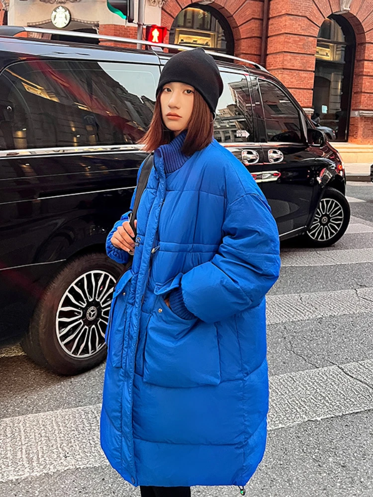 Long Puffer Jacket Women Winter Solid Bubble Coat Knitted Stand Collar and Cuff Fashion Big Pocket Warm Cotton Padded Warm Parka
