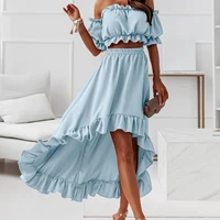 hot%ef%bc%81summer elegant casual womens skirt set for women 2022 solid color ruffle shoulder less breathable mini top set for prom