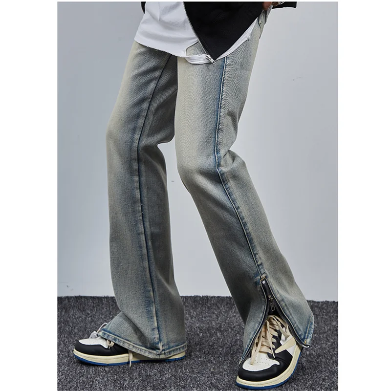 Streetwear Men Open Leg Zipper Jeans Straight Cylinder Loose Street Trousers Autumn Female Fashion Temperament Micro Flare Pants