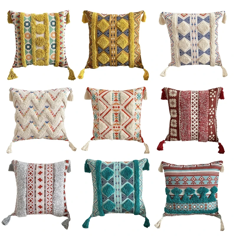 

Boho Style Tufted Tassel Throw Pillow Cover Cotton Square Pillowcase Covers for Home Bedroom Office Bed Sofa Decor Cushion Cover