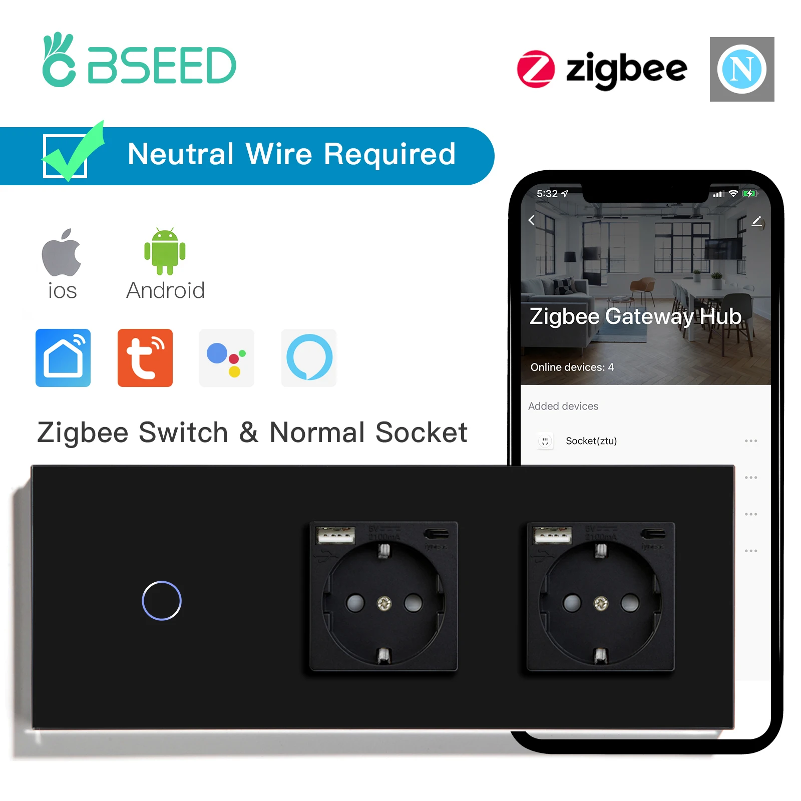 

Умные сенсорные выключатели BSEED Zigbee 1/2/3 клавиши