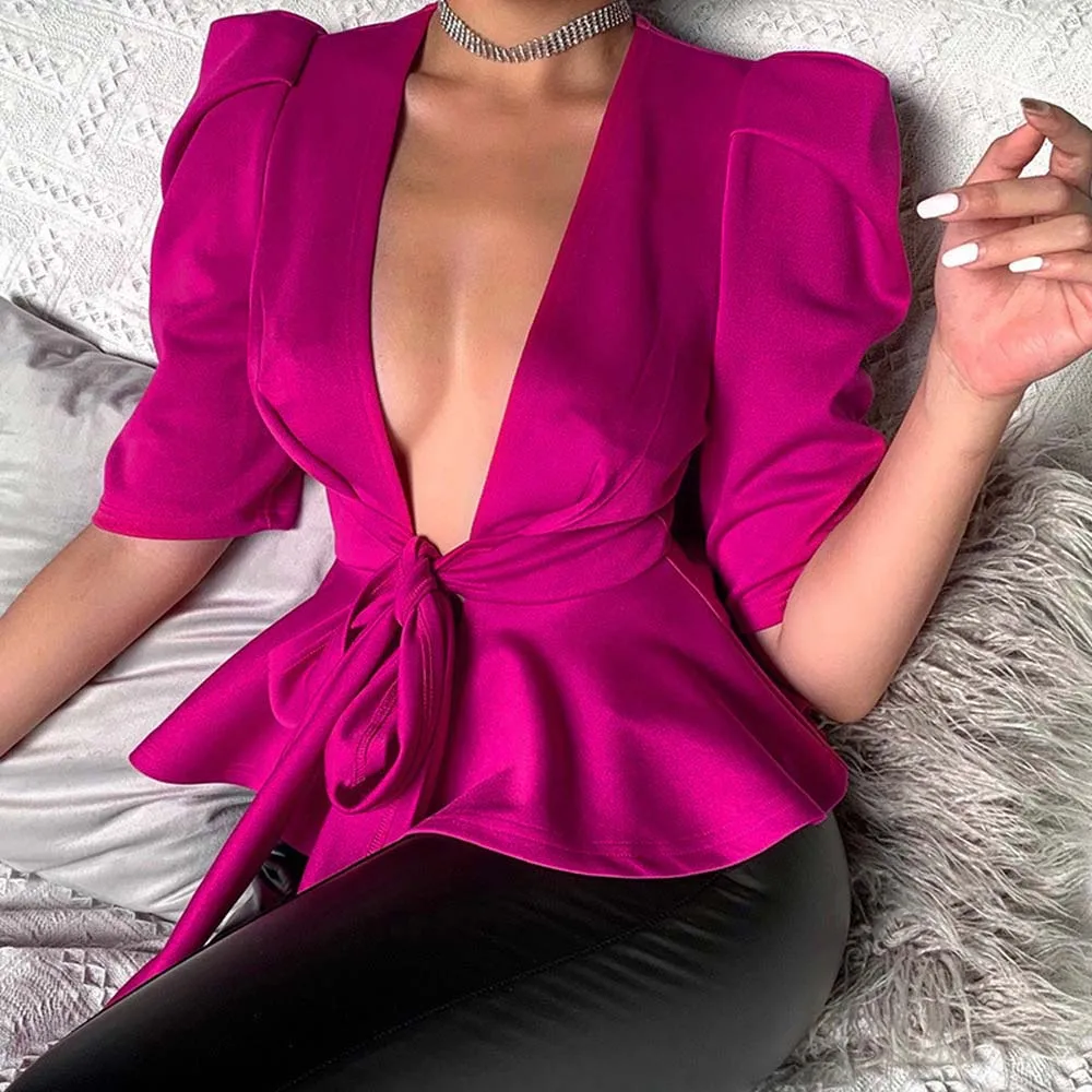 

Fashion Blouse Sexy Cardigan Tops Lace Up V-neck Ruffles Fashion Slim Shirt Jacket 2022 New Office Ladies Top Summer