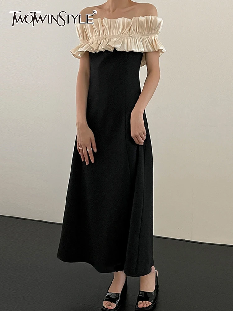 

Женское платье с коротким рукавом TWOTWINSTYLE, разноцветное платье в стиле пэчворк со складками, с вырезом лодочкой и высокой талией