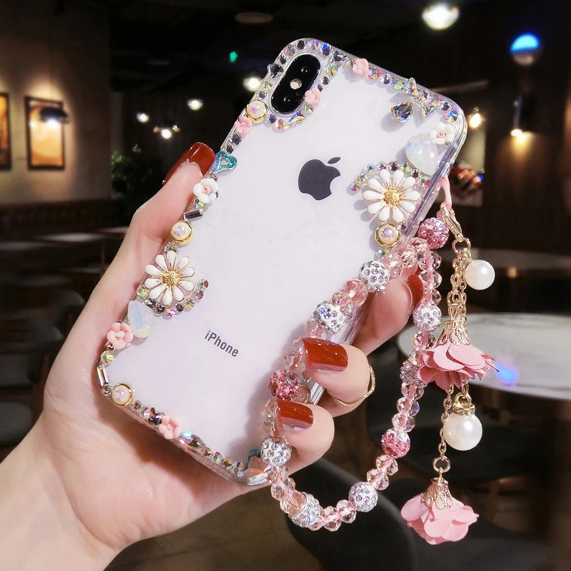 

Transparent luxury case with diamond details suitable for iPhone 12 13 pro max 12 mini 11 pro x xr xs plus with bracelet pendant