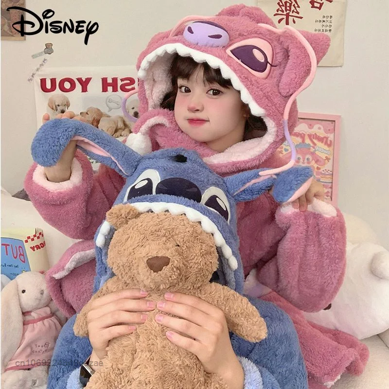 Disney Stitch Blue Pink Plush Pajamas Couple Cute Coral Velvet Pajamas Y2k Korean Warm Winter Flannel Housewear Suit For Women