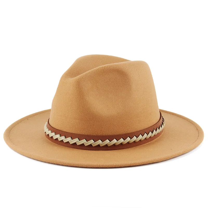 

56-60cm White/BlackWide Brim Fedora Hat Women Men Imitation Wool Felt Hats with Metal Chain Decor Panama Jazz Chapeau hat