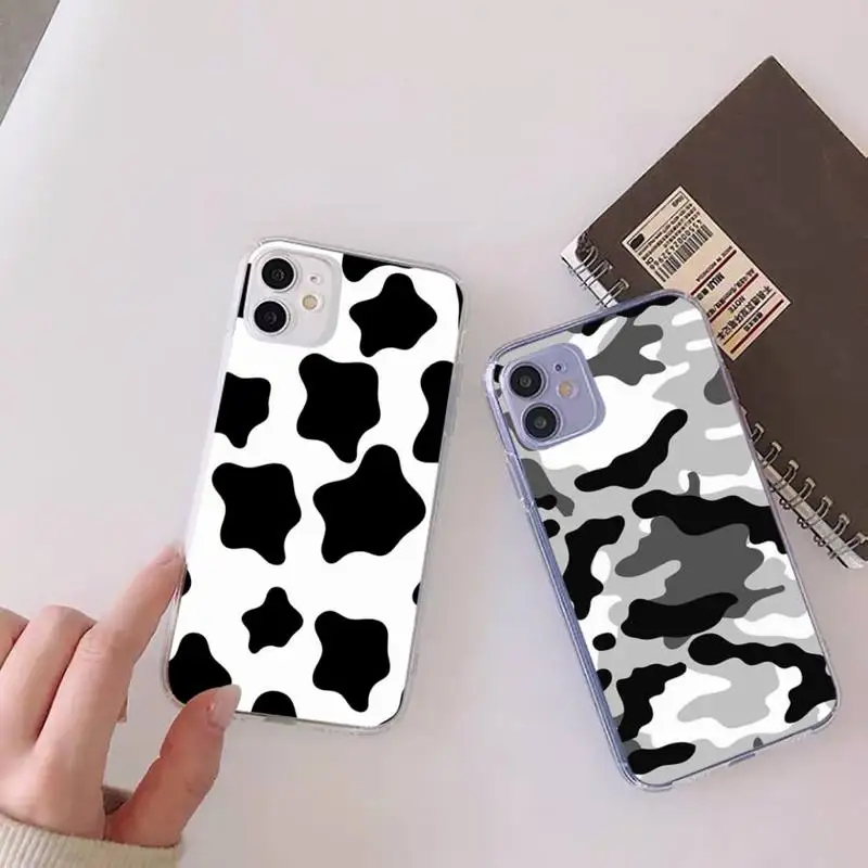 

White Black Cow Black white grid Phone Case For iphone 13 12 11 mini x xs xr pro max 8 7 6s 6 plus Transparent soft