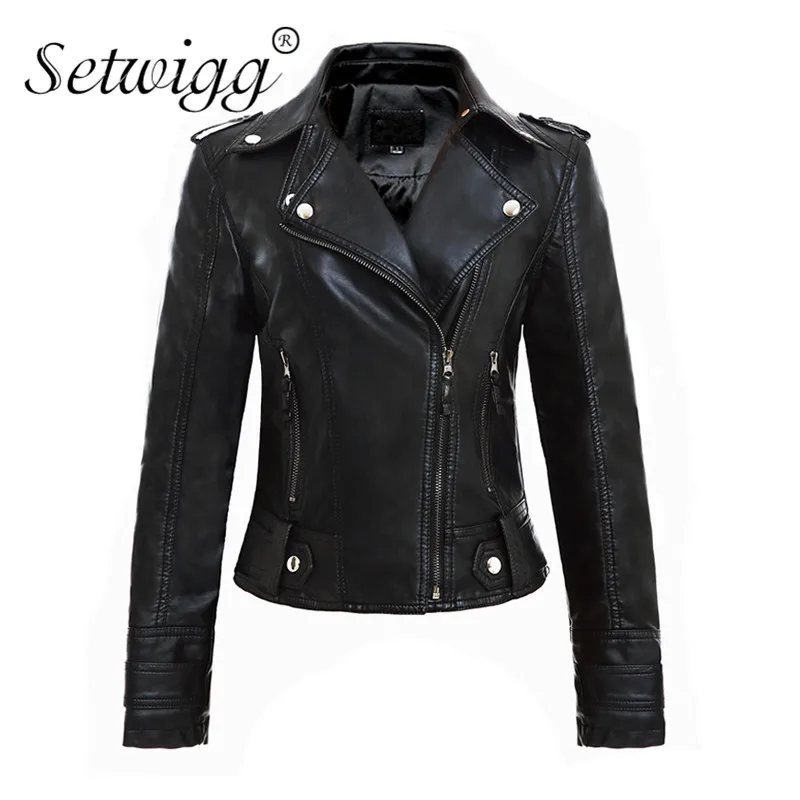 

SETWIGG Woman Fashion Faux Leather Jacket Collar Zipper PU Long-sleeved Synthetic Leather Slim Motorcycle Jacket Coat SG64