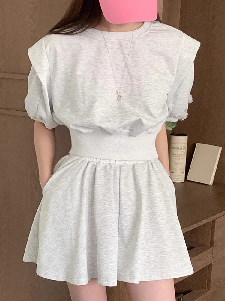 South korea Chic Summer Versatile Puff sleeve Short Hoodie + High Waist Wide Leg Casual Shorts Two-piece Set Women