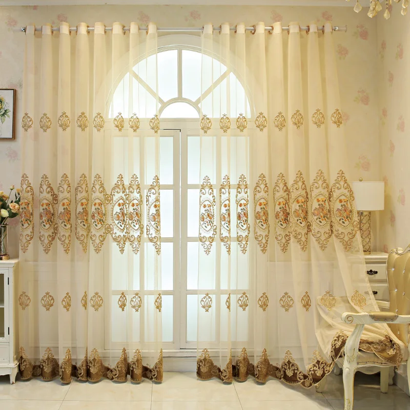 

European Beige Embroidered Luxury Tulle Curtain For Living Room Bedroom Floral Voile Sheer Window Screen Curtains Home Decor