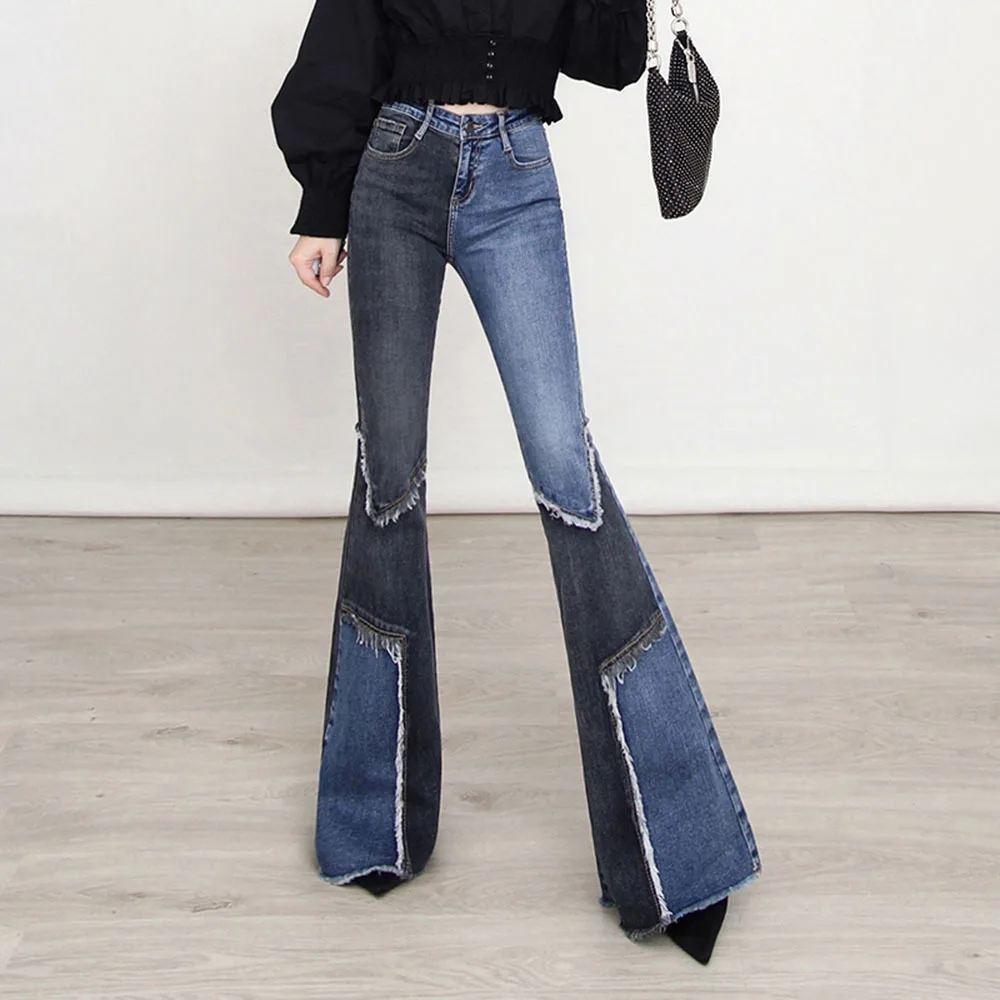 

Fashion Contrast Denim Pants For Women Vintage Patchwork Flared Jeans Ladies Stretch High Waist Skinny Trousers Mujer Pantalones