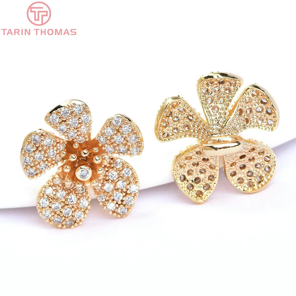 

(6251) 2PCS 19x17.5MM 24K Gold Color Brass with Zircon Flower Charms Pendants High Quality DIY Jewelry Making Findings Wholesale
