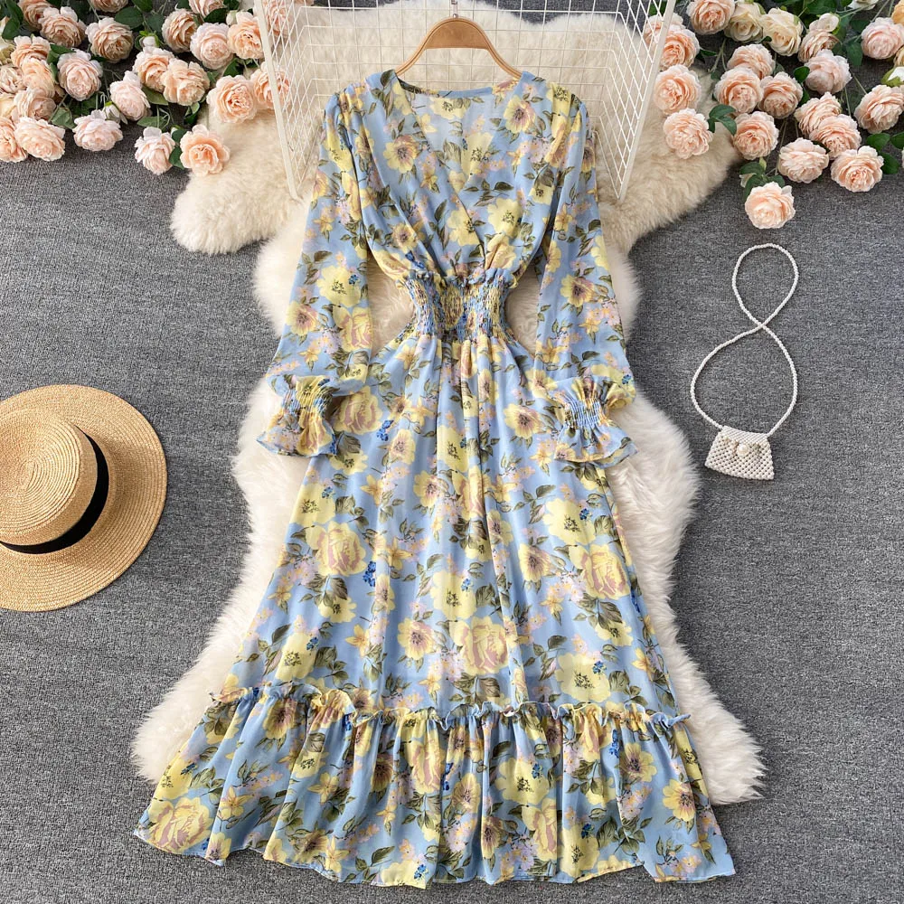 

LIRUICHENG Women Sweet Floral Dress Elastic Ruched Long Sleeve Ruffles A-line Dresses Spring French Boho Chiffon Vacation Dress