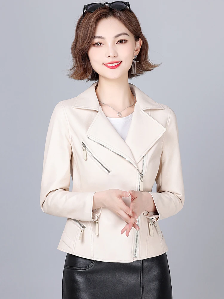 New Women Moto Leather Jacket Fashion Classic Suit Collar Slim Biker Coat Split Leather Outerwear Sheepskin Tops Coat Female